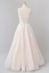 V-neck Appliques Tulle Floor length Wedding Dress-misshow.com