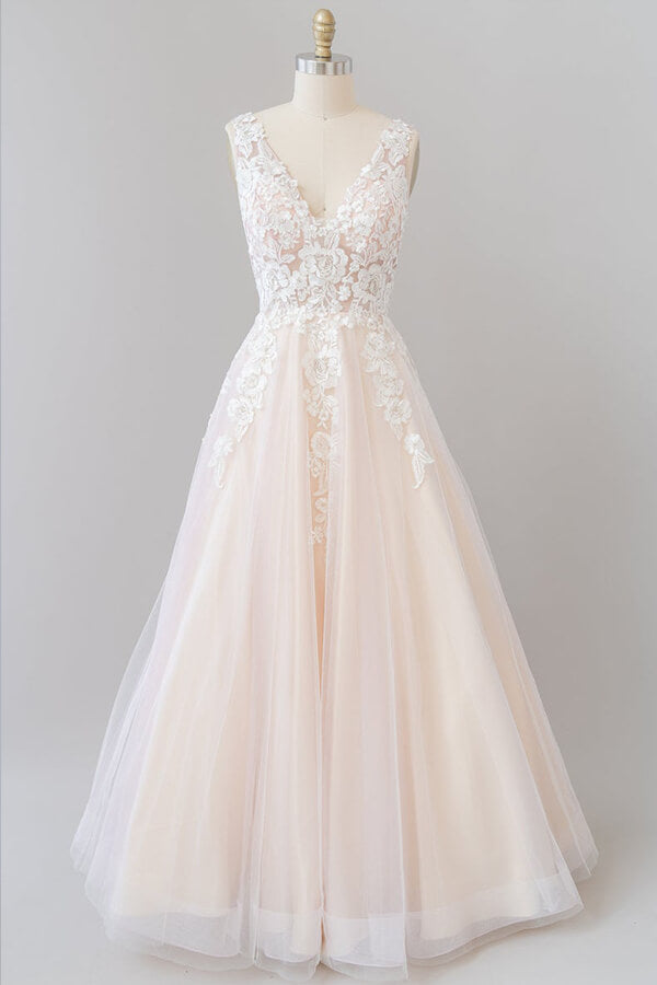 V-neck Appliques Tulle Floor length Wedding Dress-misshow.com