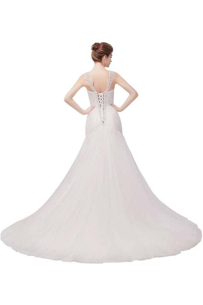 This beautiful V-neck Floor Length Mermaid Crystals Tulle Wedding Dresses will make your guests say wow. The V-neck bodice is thoughtfully lined, and the Floor-length skirt with Crystal,Ruffles,Ruched to provide the airy, flatter look of Tulle.