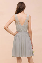 V-Neck Floral Lace Mini Homecoking Dress Grey Simple Chiffon Bridesmaid Dress Party Dress-misshow.com