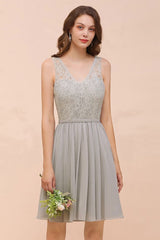 V-Neck Floral Lace Mini Homecoking Dress Grey Simple Chiffon Bridesmaid Dress Party Dress-misshow.com