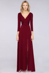 MISSHOW offers V-Neck Long-Sleeves Side-Slit Floor-Length Bridesmaid Dress with Ruffles at a good price from Spandex to A-line Floor-length them. Lightweight yet affordable home,beach,swimming useBridesmaid Dresses.