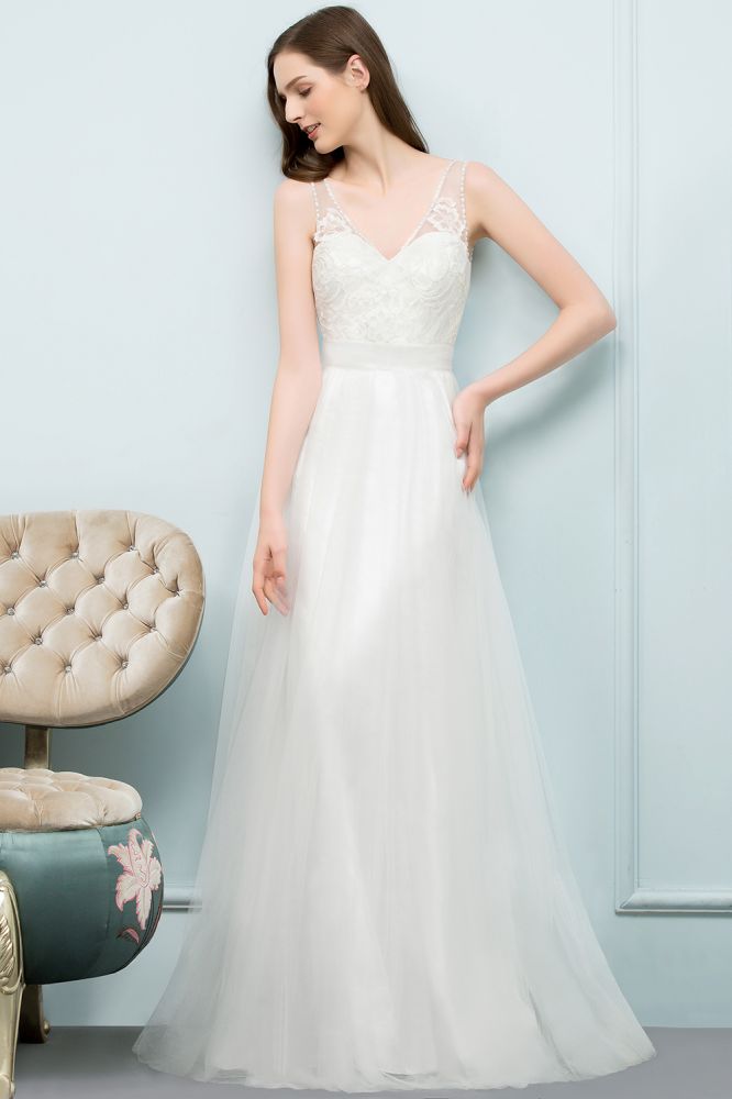 MISSHOW offers V-neck Sleeveless A-line Floor Length Lace Tulle Prom Dresses at a cheap price from White, Tulle to A-line Floor-length hem. Stunning yet affordable Sleeveless Prom Dresses,Evening Dresses.