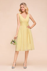 V-Neck Sleeveless A-line Mini Dress Ankle Length Bridesmaid Dress-misshow.com