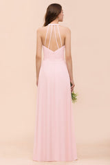 V-Neck Sleeveless Maxi Bridesmaid Dress Pink Chiffon Beach Wedding Dress-misshow.com