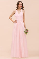 V-Neck Sleeveless Maxi Bridesmaid Dress Pink Chiffon Beach Wedding Dress-misshow.com