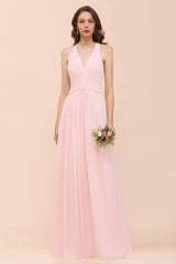 V-Neck Sleeveless Maxi Bridesmaid Dress Pink Chiffon Beach Wedding Dress-misshow.com