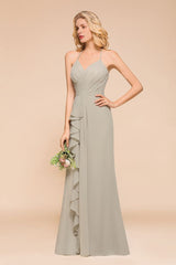 V-Neck Spaghetti Floor Length Folds Bridesmaid Dress-misshow.com