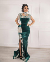 Velvet Dark Green Long Split Mermaid Prom Dresses-misshow.com