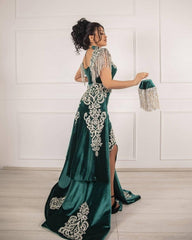 Velvet Dark Green Long Split Mermaid Prom Dresses-misshow.com