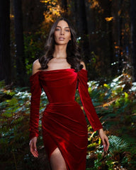 Velvet evening dresses long red | Prom dresses with sleeves-misshow.com