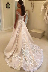 Vintage A-Line Off-the-shoulder Sweep Trian Wedding Dress With Lace-misshow.com