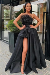 Vintage Black Strapless Flower A-Line Floor-length Prom Dresses with Slit-misshow.com