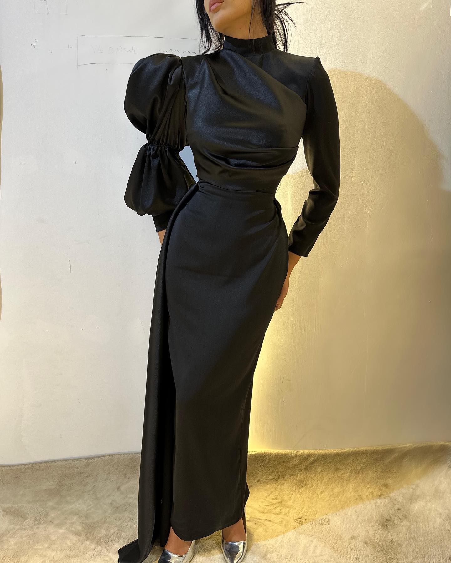 Vintage Column Satin High Neck Long Sleeve Black Prom Dress With Ruffles