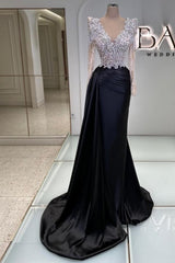 Vintage Column Satin Lace V-Neck Long Sleeve Black Prom Dress With Beading