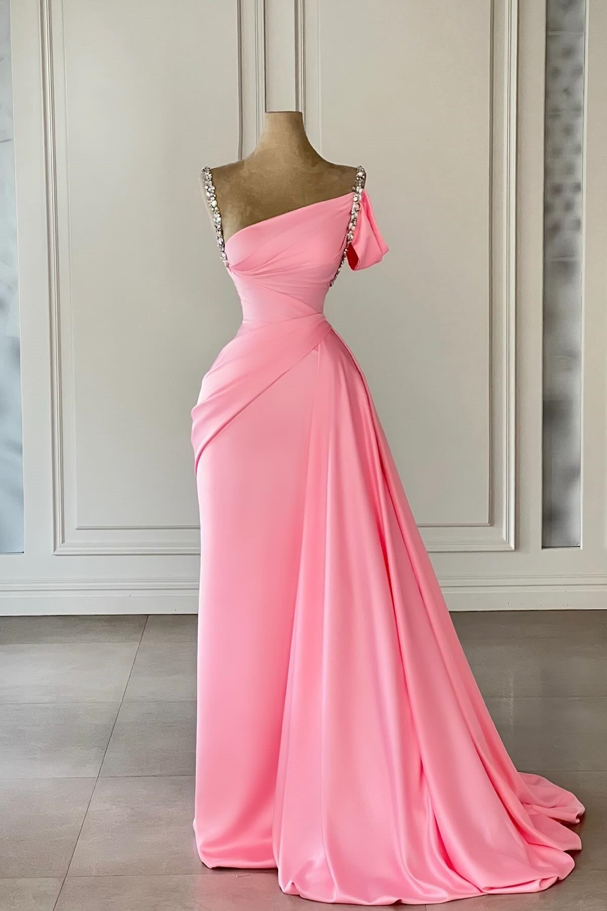 Vintage Column Satin Off-The-Shoulder Sleeveless Pink Prom Dress With Rhinestone