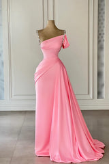 Vintage Column Satin Off-The-Shoulder Sleeveless Pink Prom Dress With Rhinestone