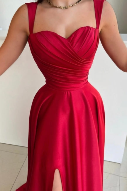 Vintage Long Red A-line Satin Pleated Sleeveless Prom Dress with Slit