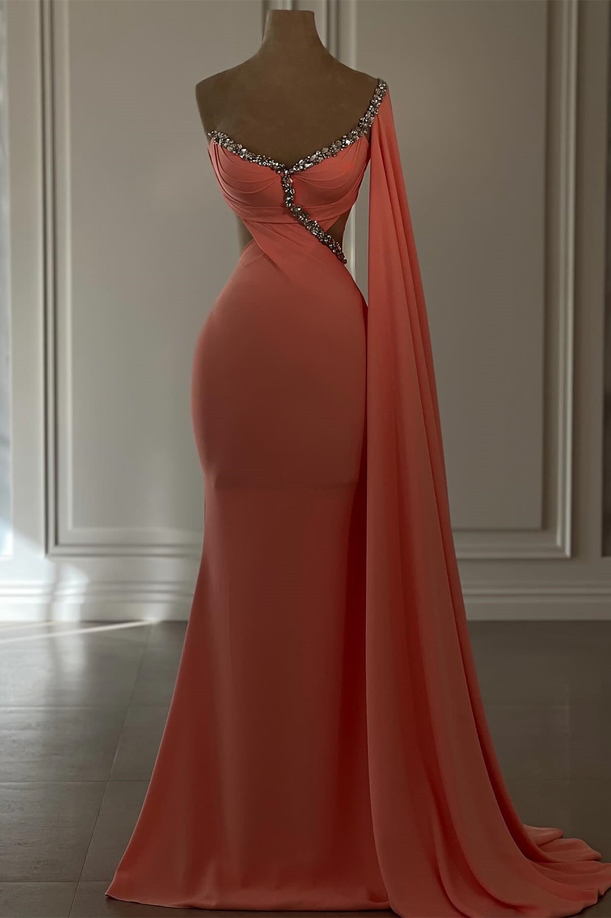 Vintage Mermaid Chiffon Scoop Cap Sleeve Prom Dresses With Rhinestone