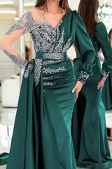 Vintage V-neck long sleeves column mermaid Prom dresses with ruffles-misshow.com