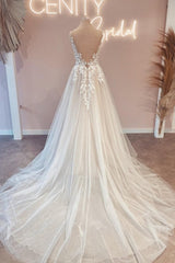 Vintage v-neck sleeveless a-line backless lace Wedding dresses-misshow.com