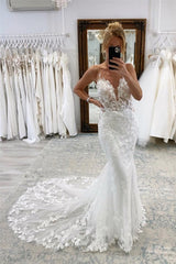 Vintage White Long Mermaid V-neck Lace Wedding Dresses-misshow.com