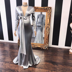 Vneck Long Sleeves Silky Ribbons Floor Length Maternity Dresses-misshow.com