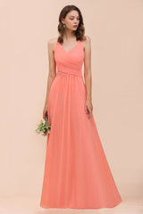 Watermelon Colorful Bridesmaid Maxi Dress Floor-Length V-Neck Maid of Honor Dress-misshow.com