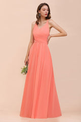 Watermelon Colorful Bridesmaid Maxi Dress Floor-Length V-Neck Maid of Honor Dress-misshow.com