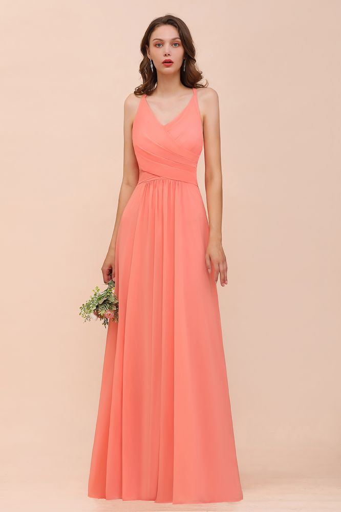 Watermelon Colorful Bridesmaid Maxi Dress Floor-Length V-Neck Maid of Honor Dress-misshow.com