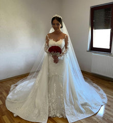 White A-line Lace Mermaid Wedding Gown with Detachable Sweep Train-misshow.com