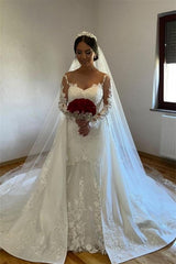 White A-line Lace Mermaid Wedding Gown with Detachable Sweep Train-misshow.com