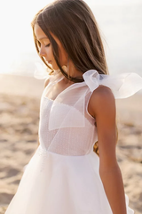 White A-line Sleeveless Straps Flower Girls Dress With Pearl-misshow.com