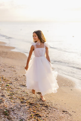 White A-line Sleeveless Straps Flower Girls Dress With Pearl-misshow.com