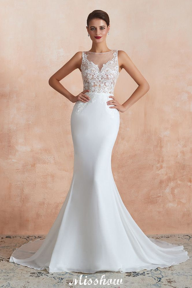 MISSHOW offers White Illusion Neck Column Wedding Dress Sleeveless Bridal Gowns at a good price from White,Ivory,100D Chiffon to A-line Floor-length them. Stunning yet affordable Sleeveless .