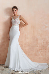 MISSHOW offers White Illusion Neck Column Wedding Dress Sleeveless Bridal Gowns at a good price from White,Ivory,100D Chiffon to A-line Floor-length them. Stunning yet affordable Sleeveless .