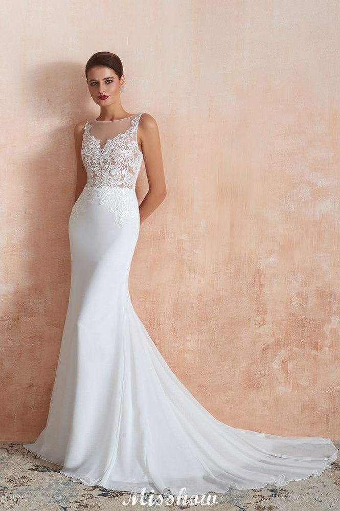 MISSHOW offers White Illusion Neck Column Wedding Dress Sleeveless Bridal Gowns at a good price from White,Ivory,100D Chiffon to A-line Floor-length them. Stunning yet affordable Sleeveless .