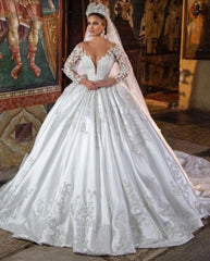 White Satin A-line Lace V-neck Wedding Dresses With Long Sleeves-misshow.com