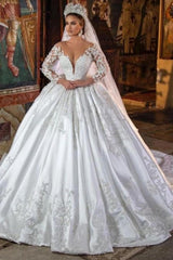 White Satin A-line Lace V-neck Wedding Dresses With Long Sleeves-misshow.com