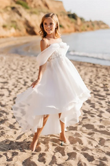 White Short Off-the-shoulder A-line Flower Girls Dress With Lace-misshow.com