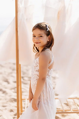 White Short Sleeveless A-line Straps Flower Girls Dress With Lace-misshow.com