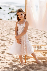 White Short Sleeveless A-line Straps Flower Girls Dress With Lace-misshow.com