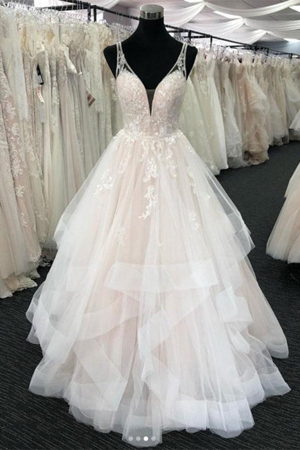 White Tulle V Neck Open Back Long Layered Wedding Dress-misshow.com