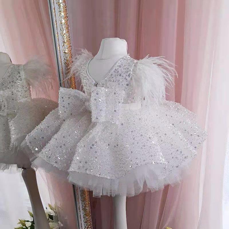 White V-Neck Sleeveless Sequined Flower Girls Dresses