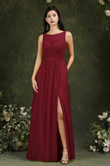 Yellow Bateau A-Line Chiffon Ruffles Split Floor-length Bridesmaid Dress With Pockets-misshow.com