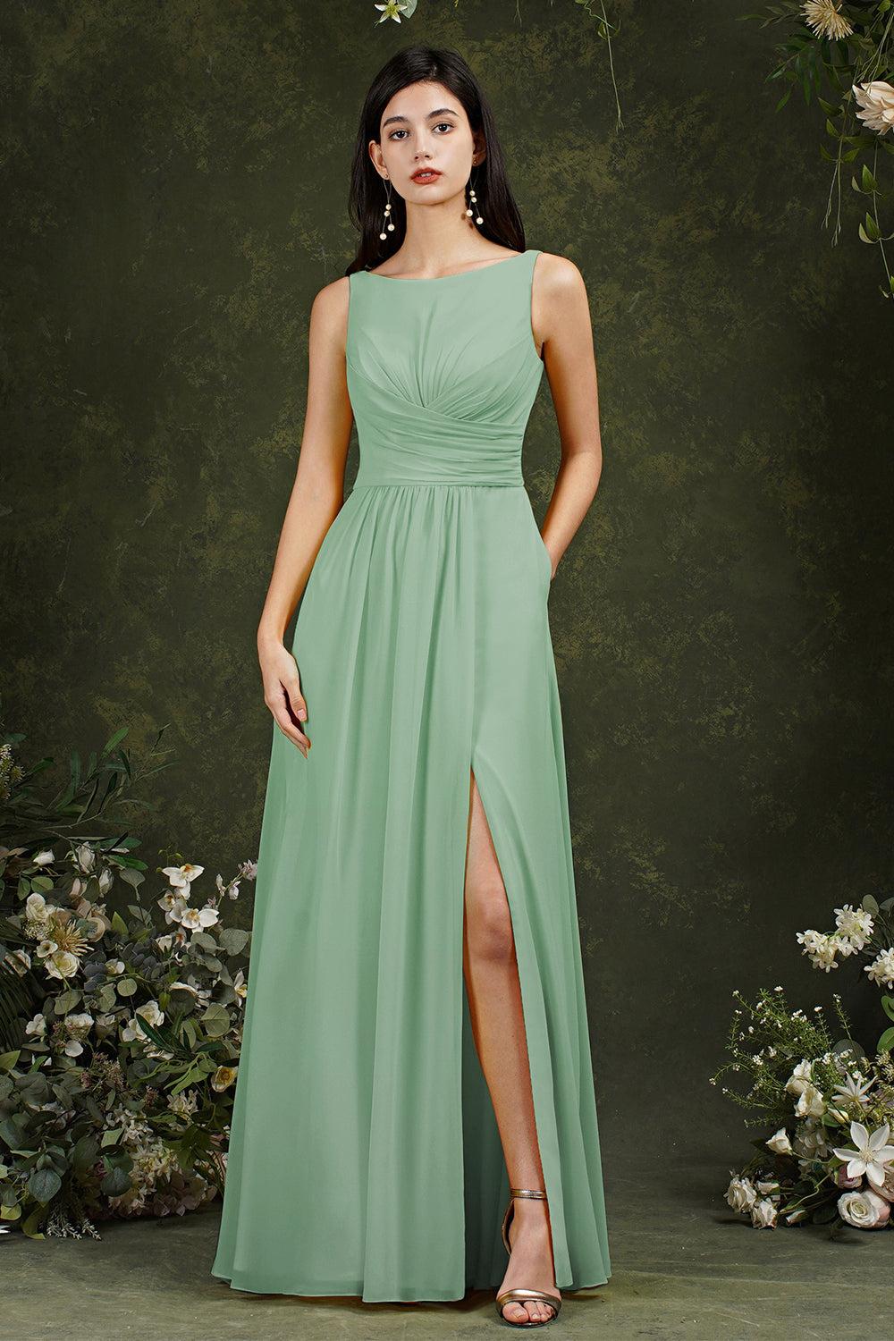 Yellow Bateau A-Line Chiffon Ruffles Split Floor-length Bridesmaid Dress With Pockets-misshow.com