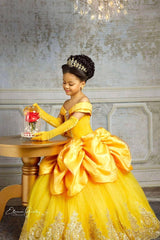 Yellow Princess Girl Dress With Lace Off-the-Shoulder Velvet Tulle Pegant Dress for Kids-misshow.com