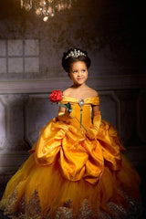 Yellow Princess Girl Dress With Lace Off-the-Shoulder Velvet Tulle Pegant Dress for Kids-misshow.com